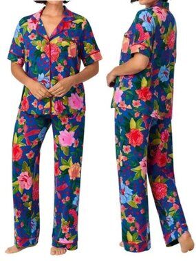NEW Room Service Women's‎ S Notch Collar Pajama Set Blue Floral Colorful Vibrant